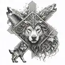 A cross with a realistic depiction of Jesus surrounded by wolves, representing faith and protection tattoo design idea