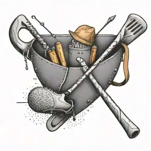 An electrician's tool belt with golf clubs and hockey sticks intertwined tattoo design idea