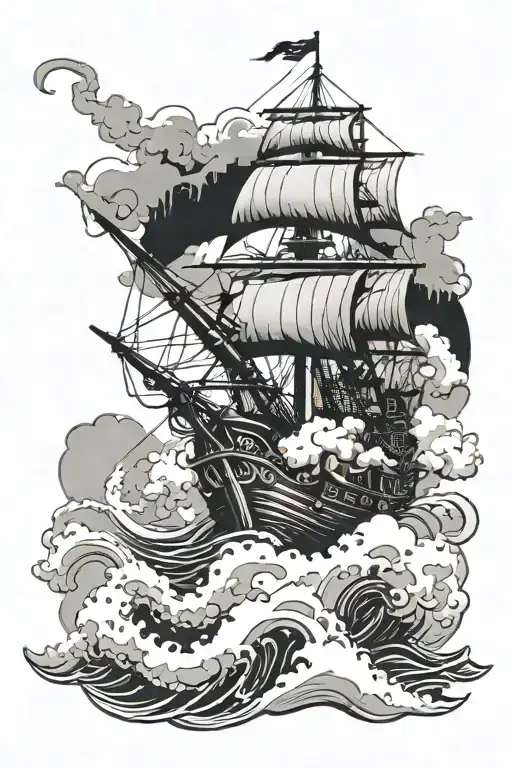 ship sailing through stormy sea with a compass above the clouds  with kraken tenticles below the sea with cannon fire   tattoo design idea