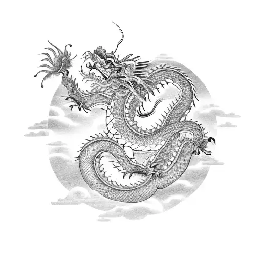 A Chinese dragon flying through a sky filled with intricate clouds made of binary code tattoo design idea
