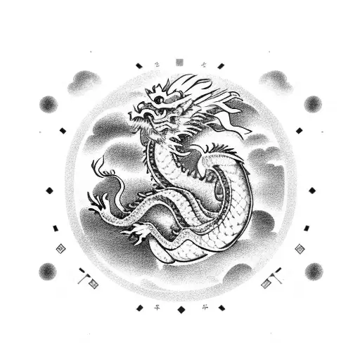 A Chinese dragon flying through a sky filled with intricate clouds made of binary code tattoo design idea