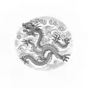 A Chinese dragon flying through a sky filled with intricate clouds made of binary code tattoo design idea