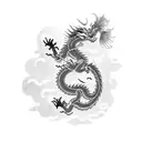 A Chinese dragon flying through a sky filled with intricate clouds made of binary code tattoo design idea