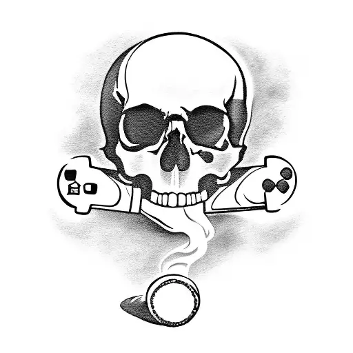 A skull smoking a cigar surrounded by smoke and playing a PlayStation controller as if it's a game console tattoo design idea