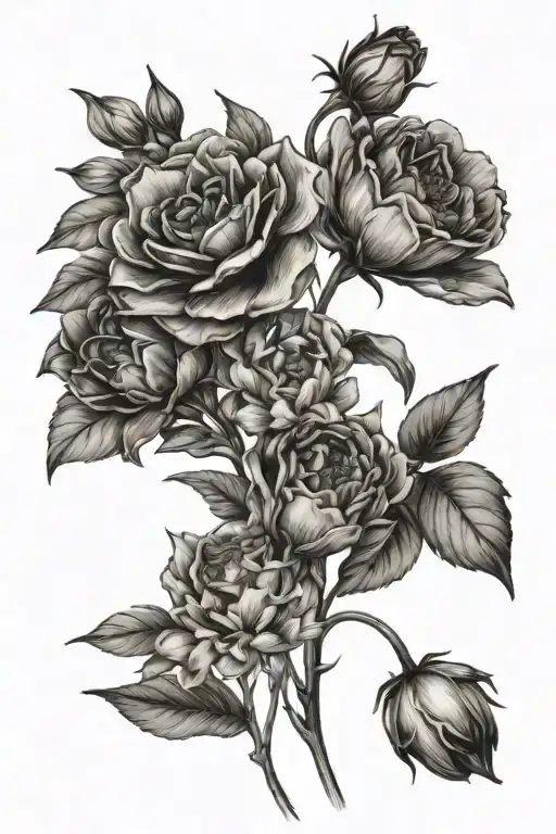 sketch a bouquet of birth flowers for the months of January, march, August and September  tattoo design idea