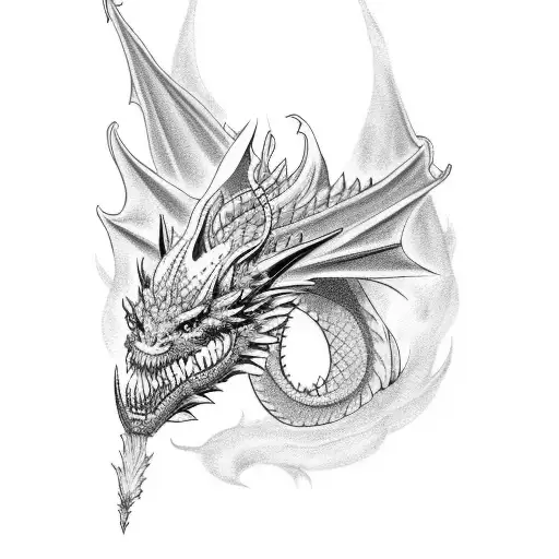 Dragon with Lycoris in smoke style tattoo design idea