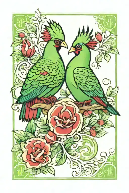 Green turaco as a two-headed playing card tattoo design idea