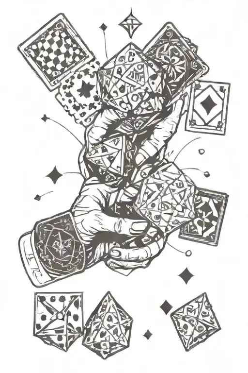 2 separate hands, one holding a glass of wine, the other holding 5 cards, 4 of them being queens. 3 dices falling in the tattoo design idea