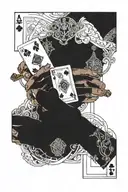 2 hands, one of them holding 5 cards with 4 of them being queens. The other hand with a glass of wine with 3 dices falli tattoo design idea