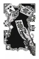 2 hands, one of them holding 5 cards with 4 of them being queens. The other hand with a glass of wine with 3 dices falli tattoo design idea