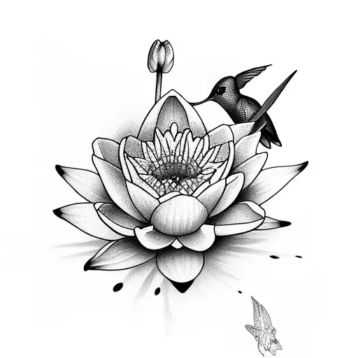 hummingbird with 1 daffodil and 1 water lily tattoo design idea