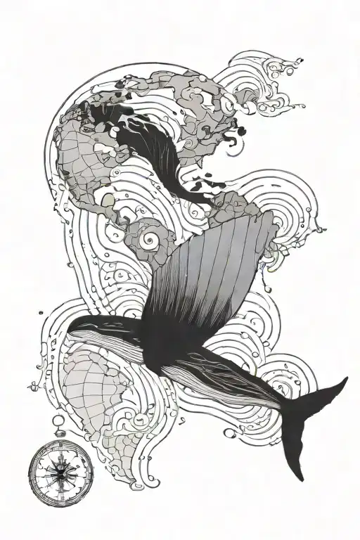 whale tail and world map and wave tattoo design idea