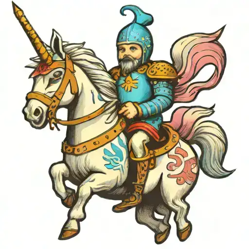 short bald man riding a unicorn pinata jousting tournament with knights tattoo design idea