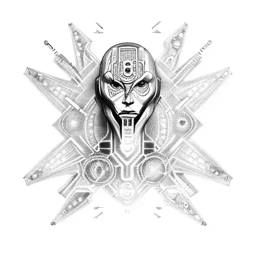 An extraterrestrial villain with tribal-inspired circuitry tattoos on their neck and shoulder, representing their connection to advanced technology tattoo design idea