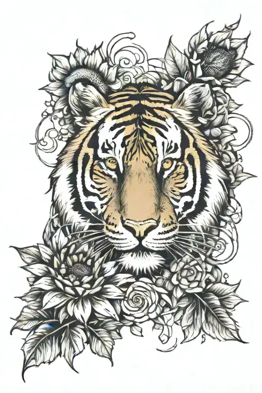 tiger surrounded by sunflowers emerging with forest on bottom and a Penny  tattoo design idea