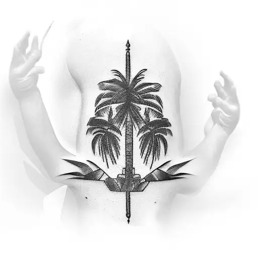 Mexican totem pole palm tree arm sleeve tattoo design idea