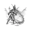 knight fighting a dragon on a mountain tattoo design idea