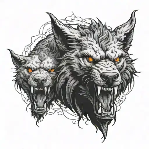 A horror-themed full back piece featuring a werewolf and cerberus in blackwork tattoo design idea