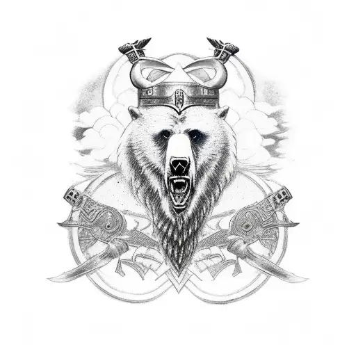 strong odin with a bear head on his head styled like a wizard with 2 ravens flying overhead with thunder tattoo design idea