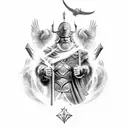 strong odin styled like a wizard with 2 ravens flying overhead with thunder tattoo design idea