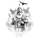 strong odin styled like a wizard with 2 ravens flying overhead with thunder tattoo design idea