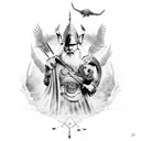 strong odin styled like a wizard with 2 ravens flying overhead with thunder tattoo design idea