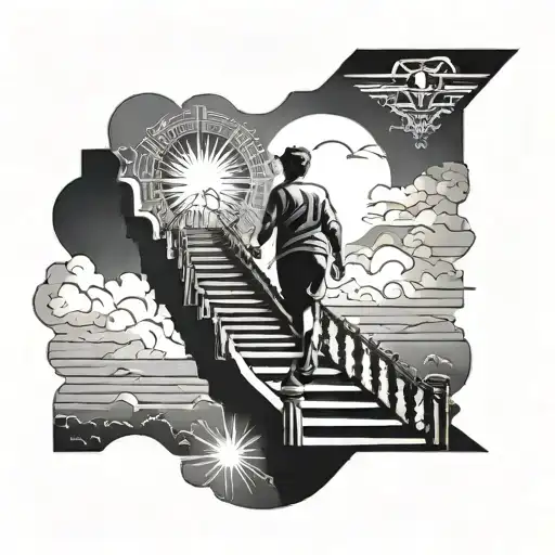 forearm tattoo of someone walking up stairs with clouds around and sun rays at the top tattoo design idea