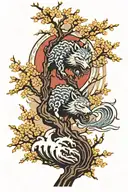 Wolf moon waves cherry blossom tree tattoo design idea