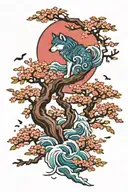 Wolf moon waves cherry blossom tree tattoo design idea
