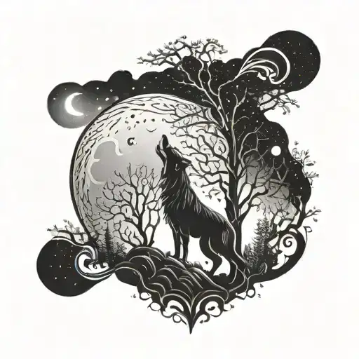 An intricate design of a forest with a moon and a woman with black hair ascending to the heavens, accompanied by her loyal dog tattoo design idea