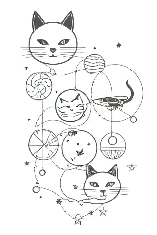 Celestial Themed Design. Elements: Moon, black cat, tarot card, a piece of sushi, soap bubbles. tattoo design idea