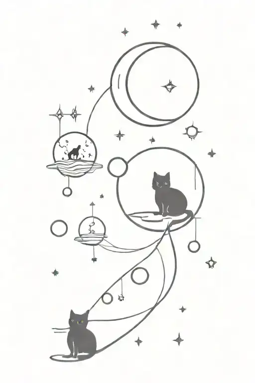 Celestial and Magical Themed Design. Elements: Moon, black cat, soap bubbles, tarot card, sushi. tattoo design idea