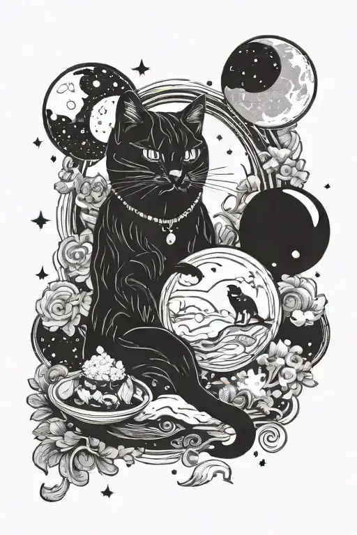 Celestial and Magical Themed Design. Elements: Moon, black cat, soap bubbles, tarot card, sushi tattoo design idea