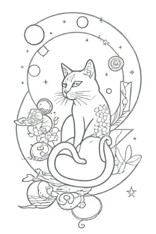 Celestial and Magical Themed Design. Elements: Moon, black cat, blowing soap bubbles, tarot card, sushi. tattoo design idea