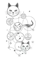 Celestial Themed Design. Elements: Moon, black cat, tarot card, a piece of sushi, soap bubbles. tattoo design idea