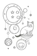 Celestial Themed Design. Elements: Moon, black cat, tarot card, a piece of sushi, soap bubbles. tattoo design idea