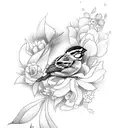 Sparrow with flowers tattoo design idea