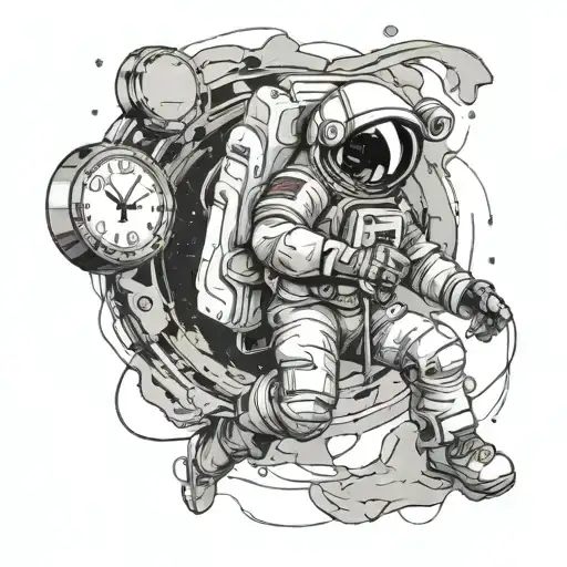 Astronaut floating, a broken watch in the background  tattoo design idea