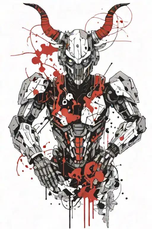 a robot revenant with horns bahamut head tattoo design idea