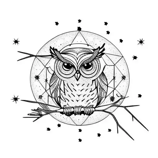 Owl in a tree with the Sagittarius constellation in the sky tattoo design idea