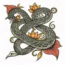 calm snake coiled around a trident surrounded by lotus flower  tattoo design idea