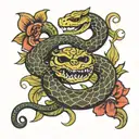 calm snake coiled around a trident surrounded by lotus flower  tattoo design idea