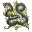 calm snake coiled around a trident surrounded by lotus flower  tattoo design idea