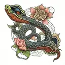 calm snake coiled around a trident surrounded by lotus flower  tattoo design idea