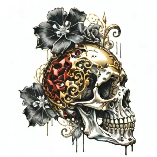 a decrepit skull made of gold and silver, with a copper jaw bone melting with gems and crystals tattoo design idea