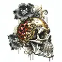 a decrepit skull made of gold and silver, with a copper jaw bone melting with gems and crystals tattoo design idea