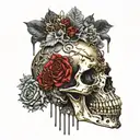 a decrepit skull made of gold and silver, with a copper jaw bone melting with gems and crystals tattoo design idea