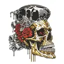 a decrepit skull made of gold and silver, with a copper jaw bone melting with gems and crystals tattoo design idea