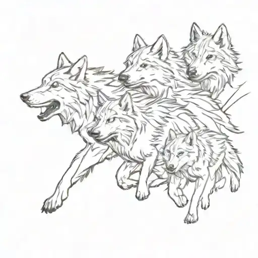 A sketch-style illustration of a wolf pack running together, representing the unity and support within a family, with each wolf representing a family member tattoo design idea