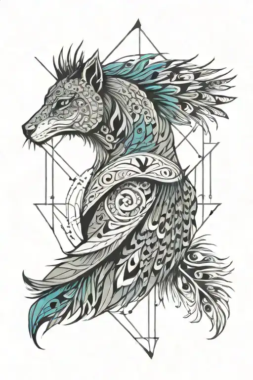 one arrow center it bifurcate hallf right side lionface and  peacock feathers tattoo design idea